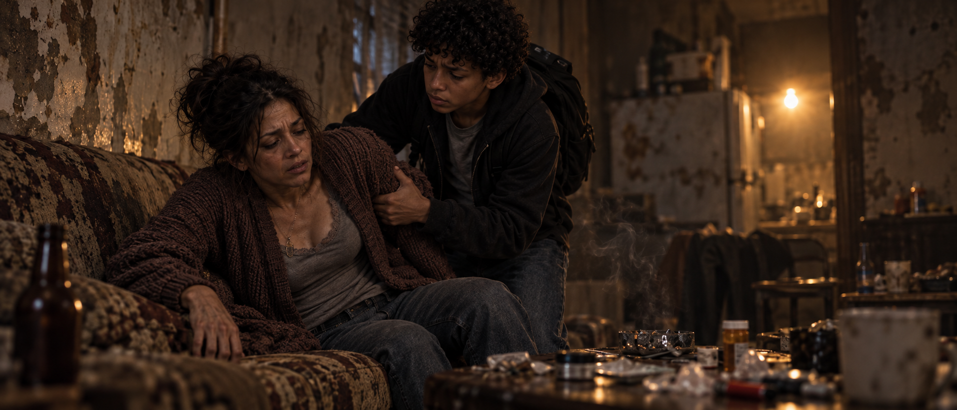 Luis helping his mother stand inside a dark, grimy house